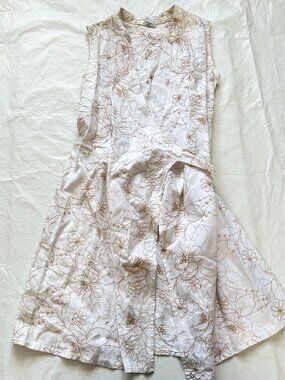 Ted Kenton dress cream white embroidered floral brown wrap tie size 7 sleeveless